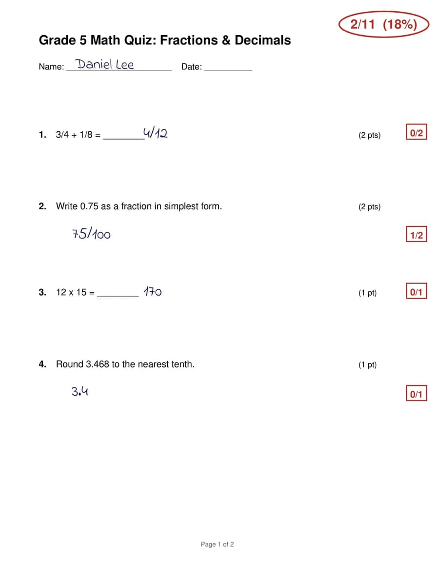 A student's quiz with MarkWell's score for each answer in the margin and the total circled at the top